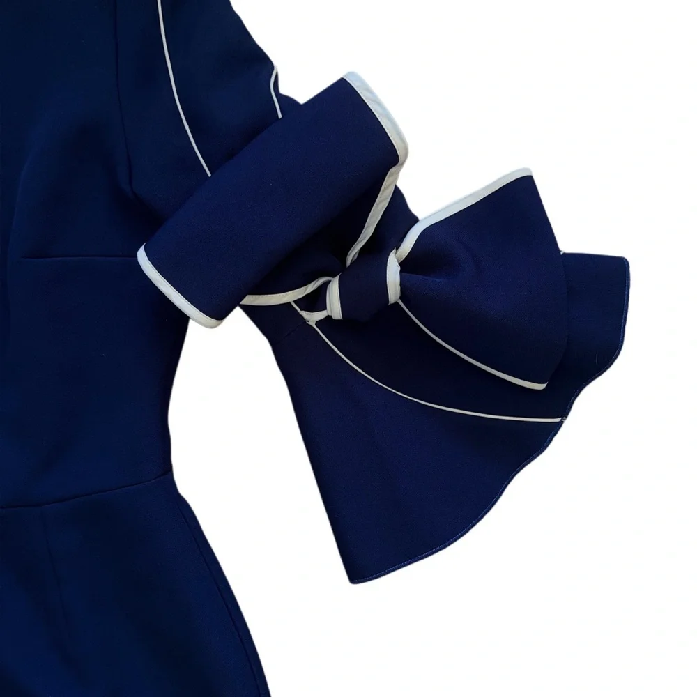 Roksansa Elegant Navy Blue Dress with Bow Sleeve Details - Picture 5 of 6